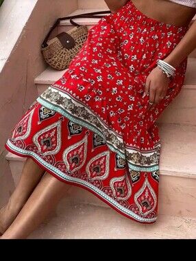 Red Boho Floral Midi Skirt